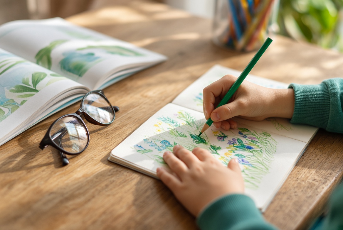 Child drawing at a sunlit desk